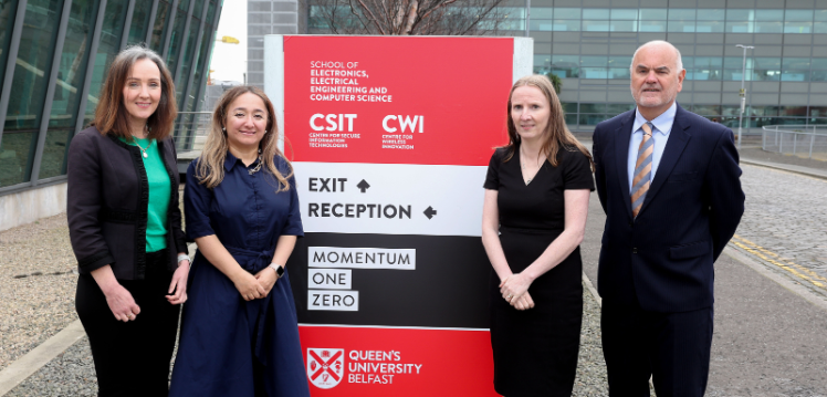 Pictured left to right are: Judith Millar, Business Development Manager CSIT; UK Government Minister for AI and Digital Government Feryal Clark; Professor Máire O'Neill, Director CSIT, Professor Paul Millar, Deputy Director CSIT